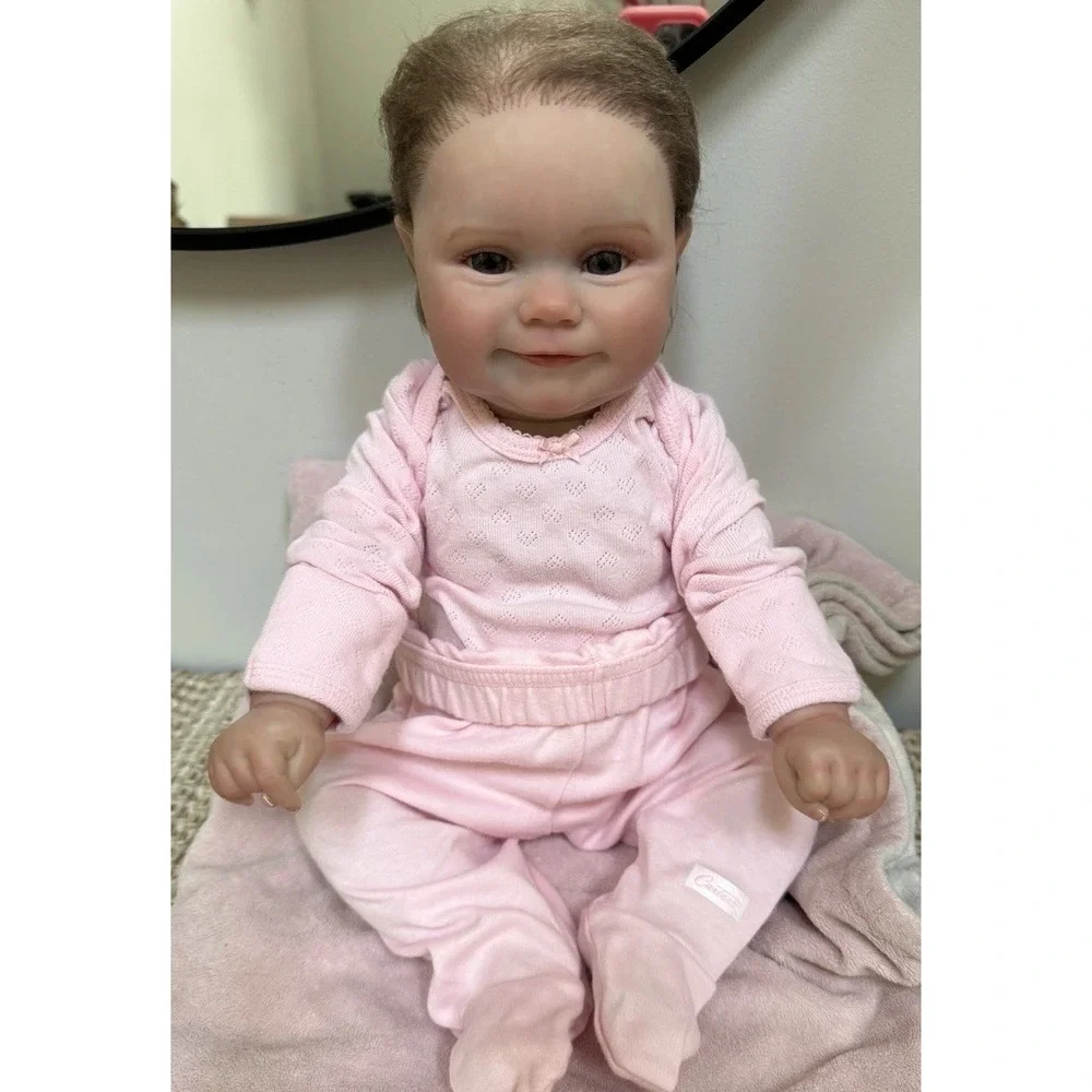 Reborn Baby Doll Vinyl Light Complexion Brown Straight Hair Pink Outfit RBG-18-1
